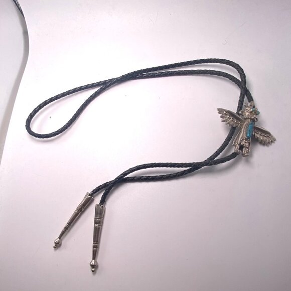 Vintage Thunderbird Turquoise Silver Tone Kachina Bolo Tie Braided Leather Cord - Picture 2 of 6